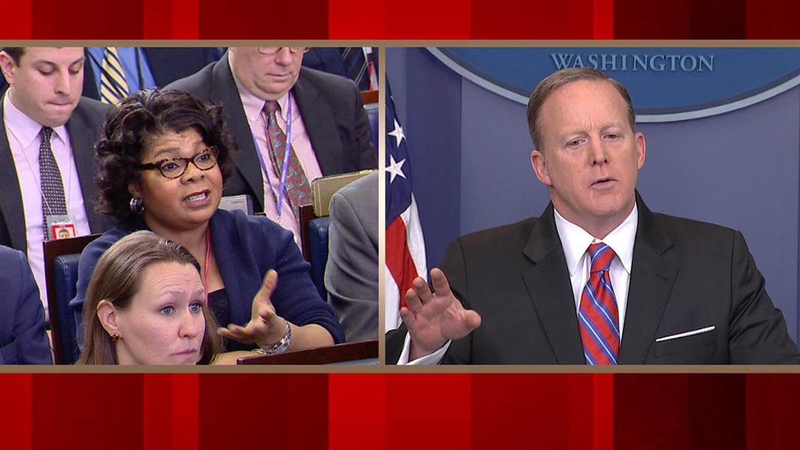 In an exchange Tuesday, April Ryan asks White House press secretary Sean Spicer what the administration plans to do to revamp its image. Spicer replies, “Please stop shaking your head again.” (CNN)